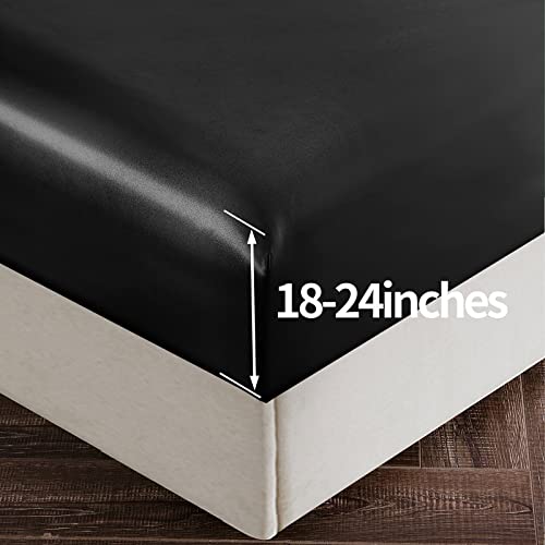 SiinvdaBZX 4Pcs Extra Deep Pocket Satin Sheet Set Queen Size, Ultra Silky Soft Black Satin Queen Bed Sheets Deep Fitted Sheet Set Fits 18-24 Inch Deep Pocket Mattress SiinvdaBZX