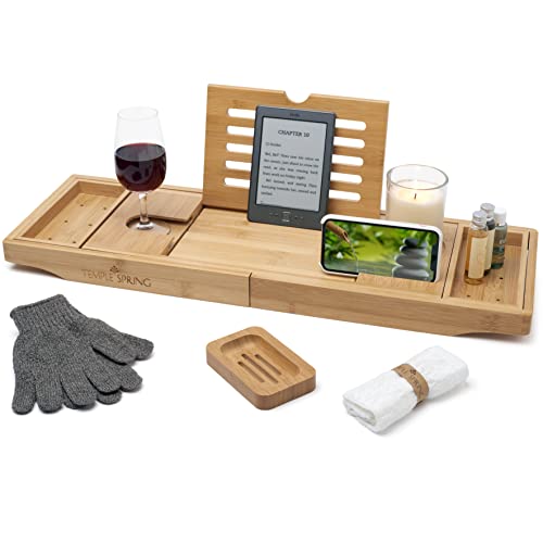 Temple Spring Bathtub Tray -Bamboo Luxury Bathroom Accessories-Bath Spa Gifts for Women & Men-Bath Tray for Bathroom Essentials-Bath Caddy Bath Tray for Tub-Wooden Tray for Bathtub Accessories-Natural Temple Spring