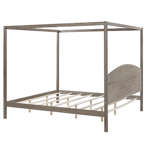 BOVZA King Size Canopy Bed, Wood 4-Post Canopy Platform Bed Frame with Headboard and Slat Support for Kids Teens Adults, Brown Wash