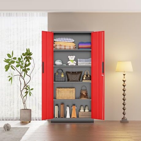 Bonusall 72" Metal Garage Storage Cabinet - 900lbs Heavy Duty Steel Cabinet with 3-Point Locking System & 4 Adjustable Shelves, Lockable Tall Storage for Garage, Office, Warehouse - Black & Red Bonusall