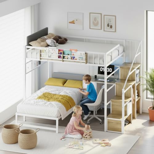 Kikihouse Full Over Twin Loft Bunk Bed with Desk, Stairs, Drawers & Storage Shelves, L-Shaped Metal Bunk Bed with Charging Station & LED Light for Kids, Teens, Adults (Full Over Twin) Kikihouse
