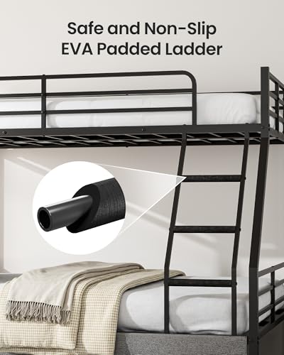 Mixcous Bunk Beds Twin Over Full Size, Heavy Duty Bunk Beds with 2 Storage Drawers, Safety Guardrails & Padded Ladder, Twin Over Full Bunk Bed, No Box Spring Needed, Black Mixcous
