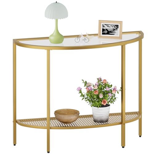 SAYGOER Glass Half Moon Console Table 2 Tier Narrow Entryway Table with Gold Metal Frames, Modern Couch Table Small Entry Way Tables, Easy Assembly, Clear Glass Gold Frames SAYGOER