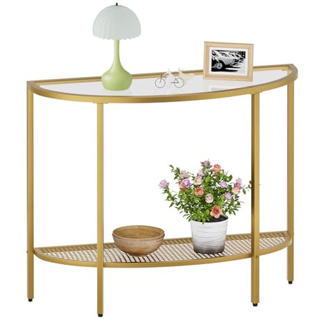 SAYGOER Glass Half Moon Console Table 2 Tier Narrow Entryway Table with Gold Metal Frames, Modern Couch Table Small Entry Way Tables, Easy Assembly, Clear Glass Gold Frames SAYGOER