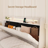 bzbbzc Queen Size Floating Bed Frame with LED Lights & USB Charging Ports, Upholstered Platform Bed with Storage Headboard & Hidden Shelves, Modern Floating Design for Bedroom or Guest Room, Beige bzbbzc