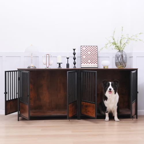 75" Wooden Dog Crate Furniture – Chew-Resistant Kennel for Medium/Large Breeds,3-Door Indoor Kennel with 3.1" Raised Feet, Multi-Functional TV Stand & End Table (Brown, 75 * 26.3 * 32.1 inch) walnest