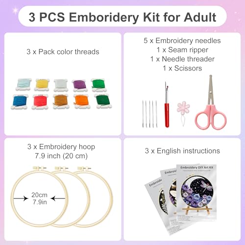 Huacan Embroidery Kit for Adults Beginner - Embroidery Kits 3 Pcs Stamped Stitch Practice Multiple Butterfly Pattern with 3 Hoops, DIY Sewing Kit with Gift Box 7.9 x 7.9 Inch (Butterfly 1)