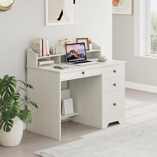 TTVIEW Computer Desk with Drawers and Hutch Shelf, Wood Executive Desk Writing Study Table with 43” Wide Tabletop, Small Desk with File Drawer for Home Office Bedroom, White Oak - WoodArtSupply