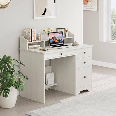 TTVIEW Computer Desk with Drawers and Hutch Shelf, Wood Executive Desk Writing Study Table with 43” Wide Tabletop, Small Desk with File Drawer for Home Office Bedroom, White Oak TTVIEW
