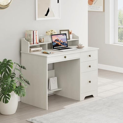 TTVIEW Computer Desk with Drawers and Hutch Shelf, Wood Executive Desk Writing Study Table with 43” Wide Tabletop, Small Desk with File Drawer for Home Office Bedroom, White Oak
