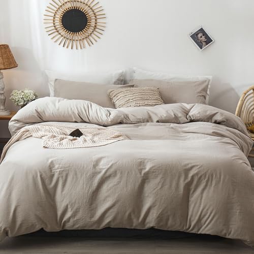 MooMee Bedding Duvet Cover Set 100% Washed Cotton Linen Like Textured Breathable Durable Soft Comfy (Heathered Tannish Linen Grey, Queen 90"x90") MooMee