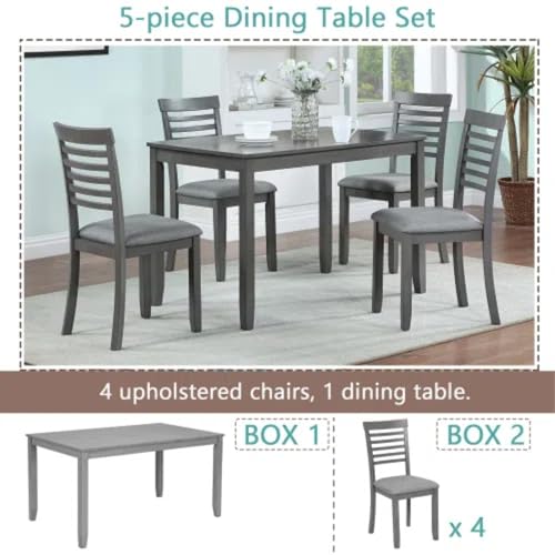 Trygoal 5-Piecern Dining Table Set, Kitchen Set with One Rectangular Table and 4 Upholstered Chairs, Living Room Chairs with Ladder Backrest and Comfortable Seat Cushion, Wooden Dining Furniture, Gary Trygoal