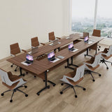 6Packs Folding Conference Table with Silent Wheels,Mobile Flip Top Meeting Room Table for Office Training and Classroom,Foldable Modular Rolling Desk for Home Office,Walnut Space-Saving Rectangular JFazzruit