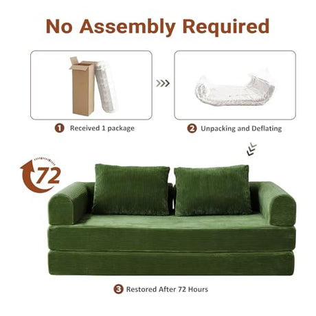 Liiwepo 79" Convertible Sofa Bed, 5-in-1Boneless Couch for Living Room with 2 Pillows Corduroy Folding Sleeper Sofa Bed, Boneless Cloud Loveseat Futon Sofa Bed for Living Room Bedroom Lounge, Green Liiwepo