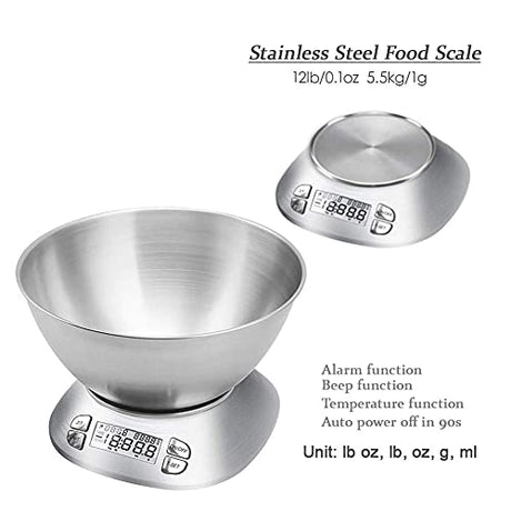 Digital Kitchen Scale with Removable Bowl 2.5L Volume, Electronic Stainless Steel Food Scale for Cooking Baking, Room Temperature, Alarm Timer, 12lb 5.5kg, Batteries Included FOLIND
