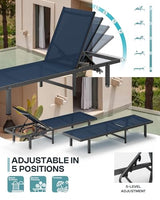 Oasbira Aluminum Outdoor Lounge Chairs Set of 2, Pool Lounge Chairs with Wheels and 5-Position Recliner -Easy to Move- Patio Chaise Lounge Outdoor for Poolside, Deck, Beach (NavyBlue)