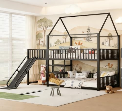 Bellemave Metal Bunk beds Full Over Full with Slide and Storage Stairs, House Floor bunk Bed with guardrail for Kids,Black Bellemave