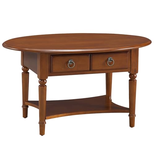 Leick Home Coastal Coffee Table, Solid Wood, Oval, with Drawer and Shelf, Pecan Brown, 20044-PC Leick Home