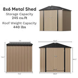Greesum 8×6FT Outdoor Storage Shed, Metal Patio Storaged Sheds with Lockable Doors, Sheds & Outdoor Storage for Bike, Backyard, Pool and Garden, Brown Greesum