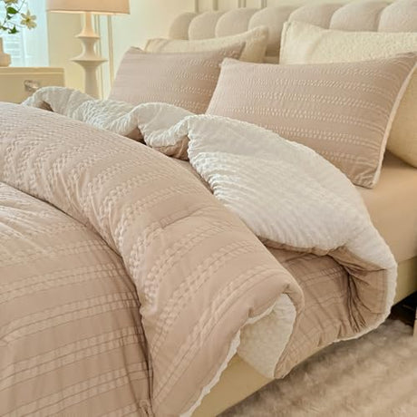 tohrisa Boho Comforter Set Twin Size Striped Pleats Bohemian Seersucker Bedding Set All Season Soft Cozy 2 Pieces Quilt with 1 Pillowcase(68"X90" Beige) tohrisa