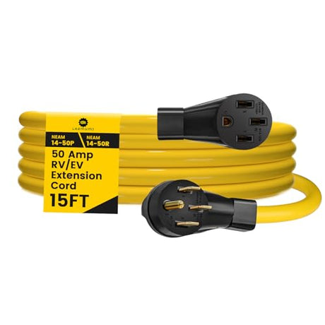 LAZMUMI 50 Amp 15 FT RV/EV Extension Cord, 4 Prong NEMA 14-50P to 14-50R 50F/50M Cable Suit for RV Trailer Campers, Tesla Model 3-S-X-Y, Heavy Duty STW Cord with Cord Organizer, ETL Listed LAZMUMI