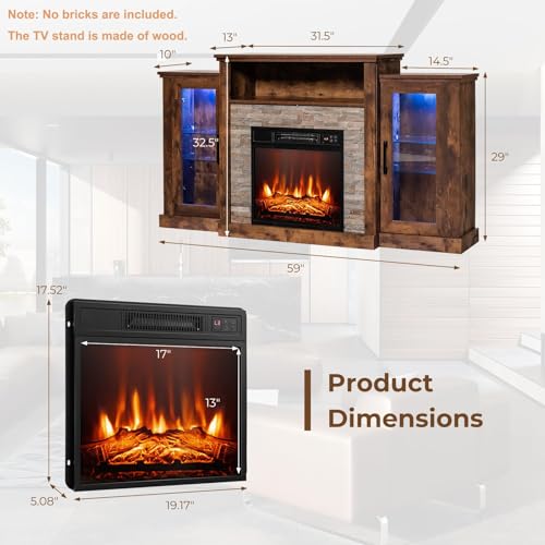 COSTWAY Electric Fireplace TV Stand for TVs Up to 65 Inches, 18-inch Fireplace Insert with APP Control, Remote Control, 16 Color Lights, Wooden Entertainment Center with Adjustable Shelves, Brown COSTWAY