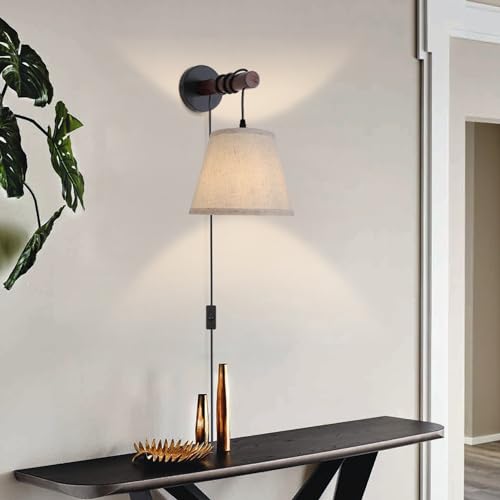 JC TOPA Plug in Wall Sconces, Bedside Wall Lamp with Wood Arm, Fabric Wall Light with On/Off Switch for Bedroom, Living Room, Farmhouse JC TOPA