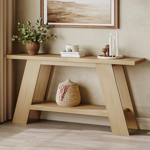 Treocho 63 Inch Long Console Tables for Entryway, 2-Tier Modern Wood Sofa Table with Shelf Behind Couch, Contemporary Narrow Entryway Table for Living Room, Hallway, Entrance, Hallway, Entrance, Oak Treocho