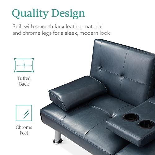 Best Choice Products Faux Leather Upholstered Modern Convertible Futon, Adjustable Folding Sofa Bed, Guest Bed w/Removable Armrests - Blue Best Choice Products