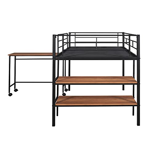 Harper & Bright Designs Twin Loft Bed Low Loft Bed Frame with Storage Shelves and Movable Table with Wheels, Metal Low Loft Beds Small Room/Low Ceiling Bedroom with Guardrail and Ladder, Black Harper & Bright Designs