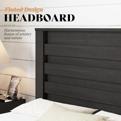 AMERLIFE Farmhouse King Size Bed Frame with 49" Fluted Headboard, Wood Platform Bed with Natural Grain, No Box Spring Needed/Noise Free, Black AMERLIFE
