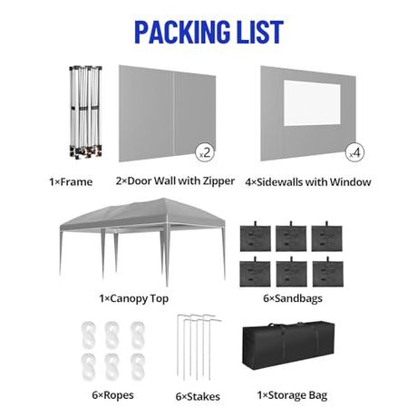 10X20Ft Pop Up Wedding Party Tent with 6 Sidewalls - Heavy Duty Commercial Outdoor Canopy, Waterproof Gazebo Canopy Tent, Canopy All Season with Storage Bag, Gray KOKEBREN