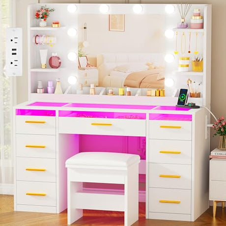 ANWBROAD Vanity Desk with Mirror and Lights 3 Colors Large Makeup Vanity Table Set Transparent Glass Top with 9 RGB Drawers, 4 Shelves Vanity Desk with Stool Power Outlet White Bedroom Women UBDT94W ANWBROAD