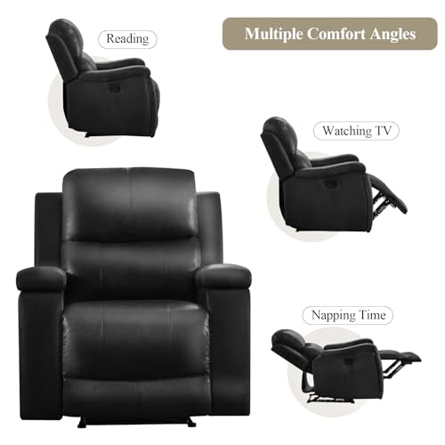 CANMOV Manual Recliner Chair, Classic Faux Leather Recliner Chair with Overstuffed Arms and Back, Manual Single Sofa with Concealed Cup Holders, Black