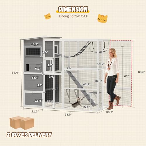 Large 4-Tier Outdoor Cat Enclosure Walk-in Catio with Weatherproof Solid Wood House, Connect to Window, 4 Platforms, 4 Private Resting Rooms & Bridge, for Multiple Cats (Grey) GZPATICY