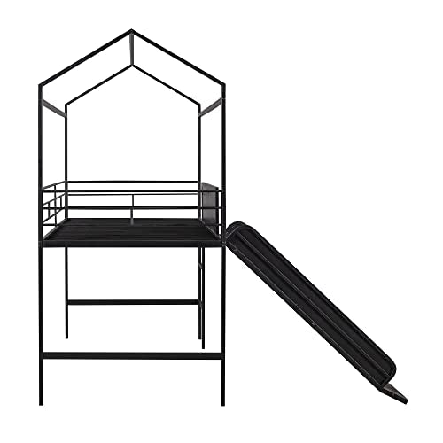 Bellemave Twin Metal Loft Bed with Fence and Two-Sided writable Chalkboard, Twin Size Metal House Bed with Slide and Ladder,for Bedroom Dorm,for Kids, Boys, Girls, Teens (Black) Bellemave