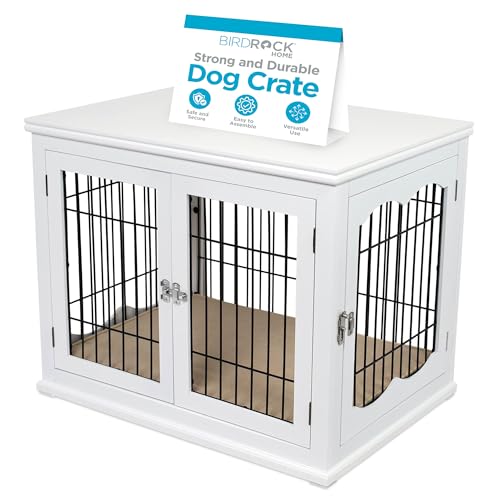 INTERNET'S BEST Decorative Dog Kennel with Pet Bed, Small Pet House, Double Door Indoor Crate, Engineered Wood & Wire Furniture, Side Table & Nightstand, Fits Small Dogs - White Internet's Best