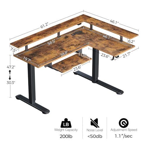 Rolanstar L Shaped Standing Desk with Keyboard Tray, Height Adjustable Corner Desk with LED Light & Power Outlet, Electric Sit Stand Computer Desk with Monitor Stand, Rustic Brown Rolanstar