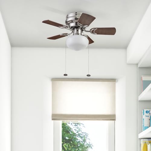 Prominence Home Hero, 28 Inch Traditional Flush Mount Indoor LED Ceiling Fan with Light, Pull Chain, Dual Finish Blades, Reversible Motor - 51656-01 (Brushed Nickel) Prominence Home