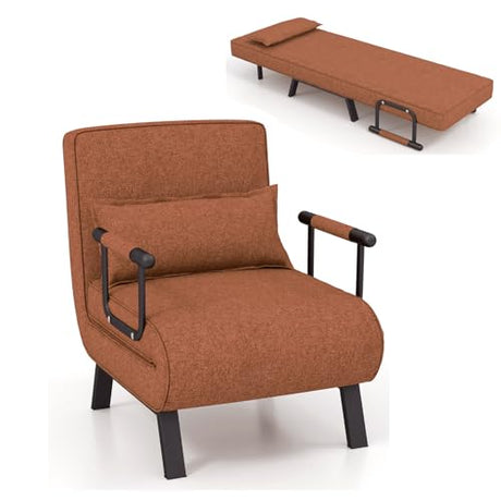 S AFSTAR 4 in 1 Convertible Sofa Chair Bed, Tri-fold Leisure Recliner Sleeper with 6-Position Adjustable Backrest, Pillow & Metal Frame, Folding Chaise Lounge Couch for Apartment, Bedroom (Coffee) S AFSTAR