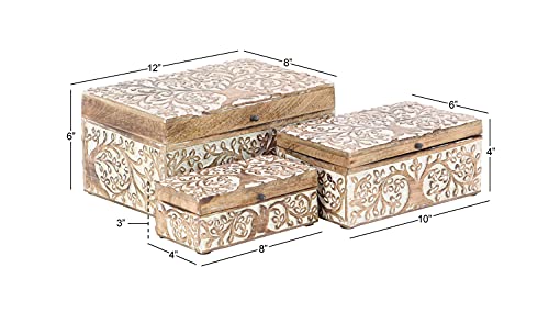 Deco 79 Mango Wood Floral Decorative Box Decorative Keepsake Boxes with Hinged Lid, Set of 3 Storage Boxes 8", 10", 12"W, Brown Deco 79