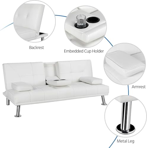 Pu Leather Convertible Futon Sofa Bed,Modern Couch Loveseat Sleeper, 3 in 1 Comfy Folding Recliner Couches Bed for Small Spaces Living Room, Adjustable Backrest, 2 Cupholders for Office (White) Xinmviec
