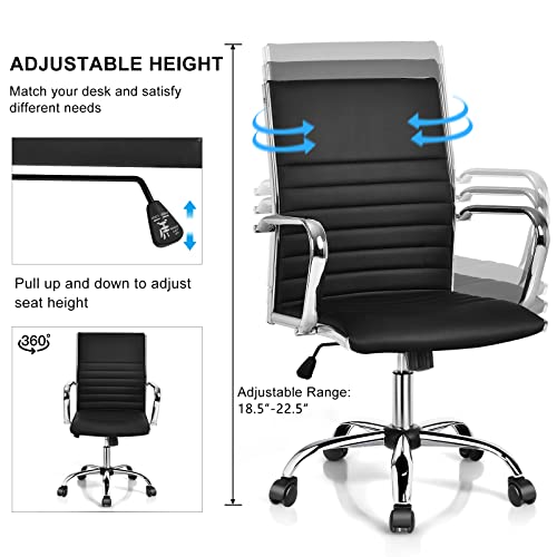 Giantex Ribbed Office Chair, Ergonomic Modern Leather Desk Chair with Adjustable Height & Arms, Swivel Mid Back Executive Conference Room Chairs for Meeting Room (4, Black) Giantex