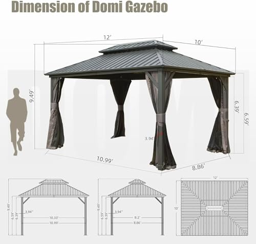 Domi 10’ X 12’ Hardtop Gazebo Canopy with Netting & Curtains, Outdoor Aluminum Gazebo with Galvanized Steel Double Roof for Patio Lawn and Garden, Gray domi outdoor living