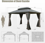Domi 10’ X 12’ Hardtop Gazebo Canopy with Netting & Curtains, Outdoor Aluminum Gazebo with Galvanized Steel Double Roof for Patio Lawn and Garden, Gray domi outdoor living