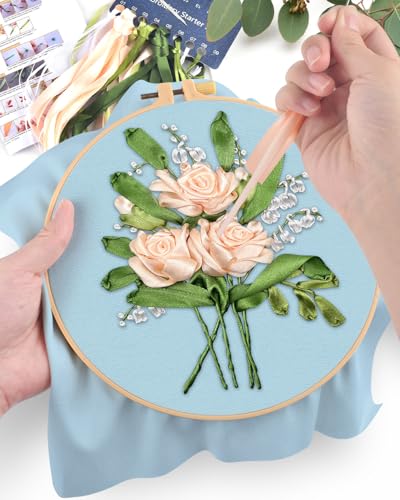 ERKOON Embroidery Kit for Beginners, Silk Ribbon Flower Cross Stitch Set for Include Embroidery Cloth Hoops Threads for Craft Lover Hand Stitch (Flowery) ERKOON