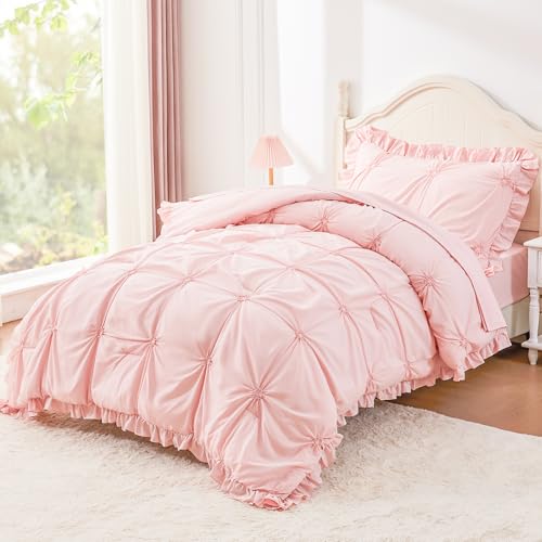 Wowelife Twin Comforter Set for Girls, Boho Pintuck Bedding Comforter Sets, 4 Pieces Ruffles Jacquard Embroidery Twin Bedding Sets with Comforter, Fitted Sheet, Flat Sheet and Pillowcase, Pink Wowelife