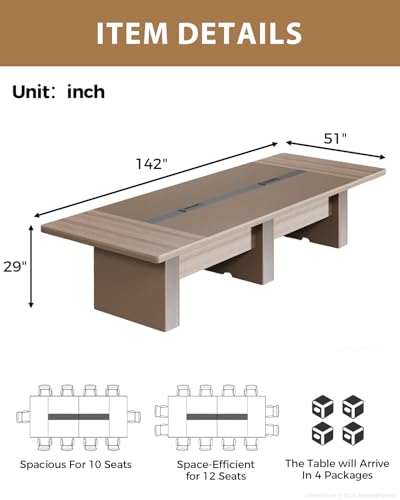 Huariifowm 142" Conference Table for 10–12, Large Rectangular Meeting Table with Dual Cable Management Boxes & 1.6" Thick Top, Modern Wood Boardroom Table for Office Conference Room Huariifowm