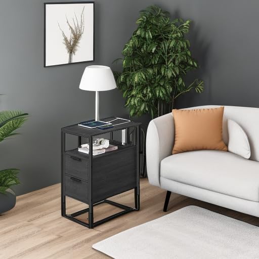 VASAGLE Side Table with Charging Station, Narrow End Table with 2 Drawers, Slim Nightstand and Bedside Table with Storage, for Small Spaces, Black ULET321B22 VASAGLE
