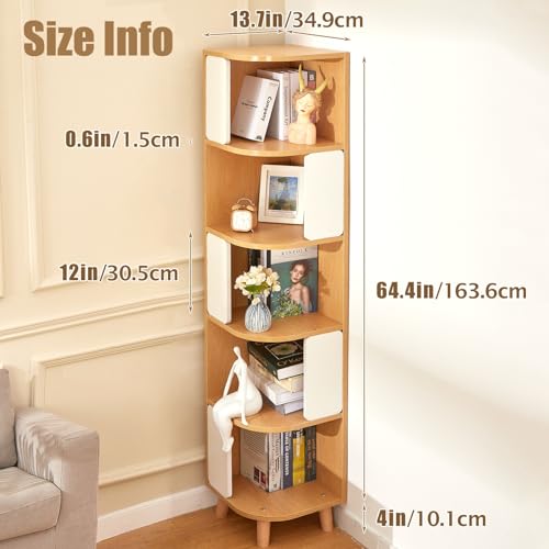 SELFLA Nordic 5-Tier Wood Corner Bookshelf – Modern Tall Bookcase in Natural & White SELFLA